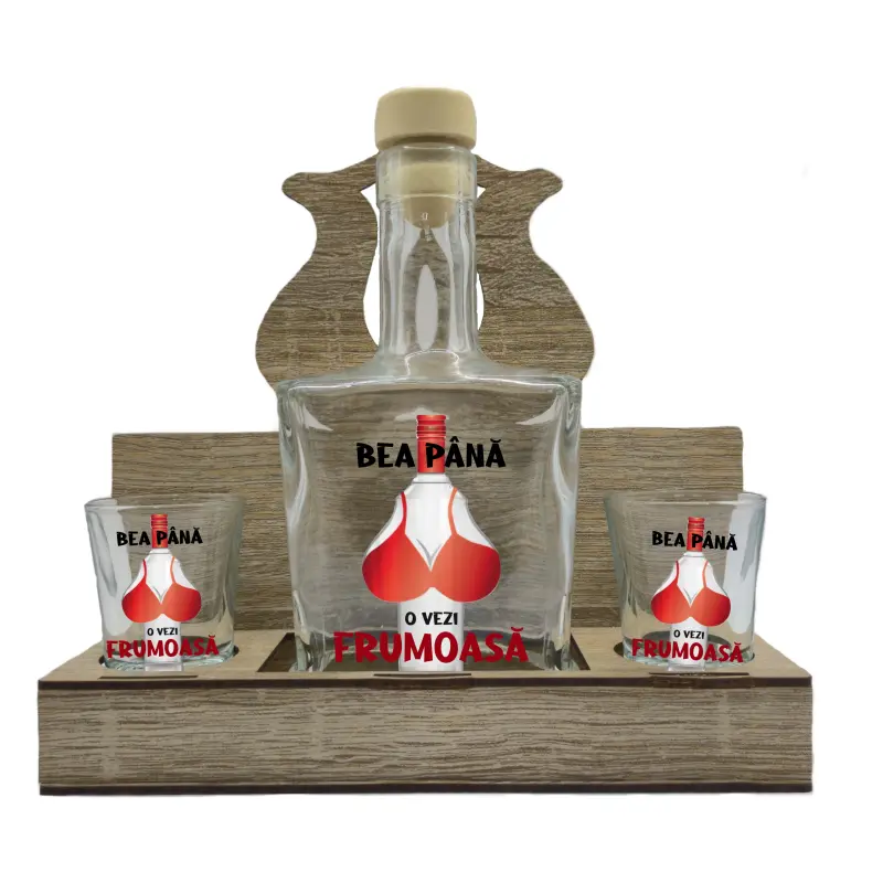 Bea pana o vezi frumoasa, suport din lemn cu sticla si 2 pahare, model hgs094